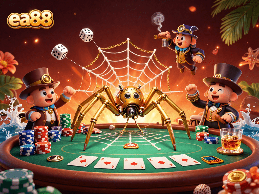 Catch exciting gaming moments with ea88's golden spider trapped in a dice web illustration.