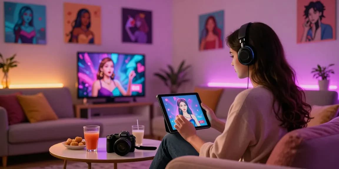 Engaging user in AI porn chat room interacting with a lifelike character, cozy atmosphere with colorful graphics.