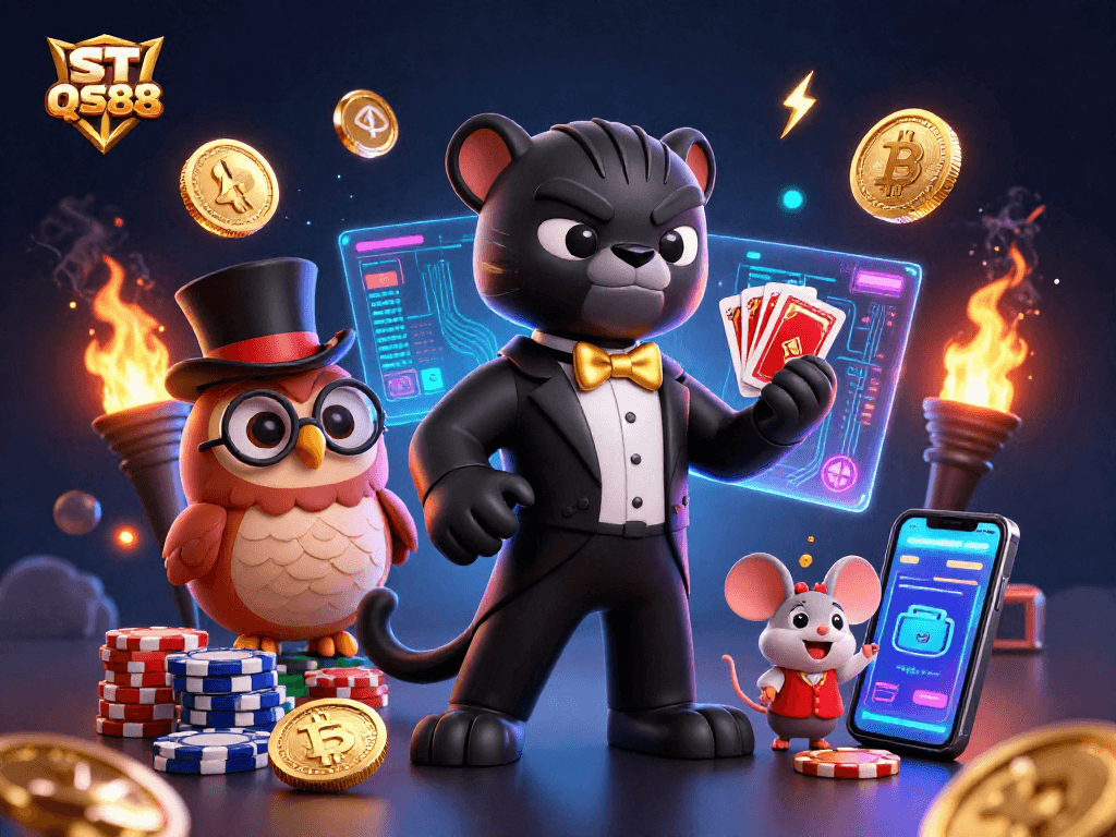 Join the excitement at ST QS88 with a stylish black panther dealer amidst vibrant casino elements.