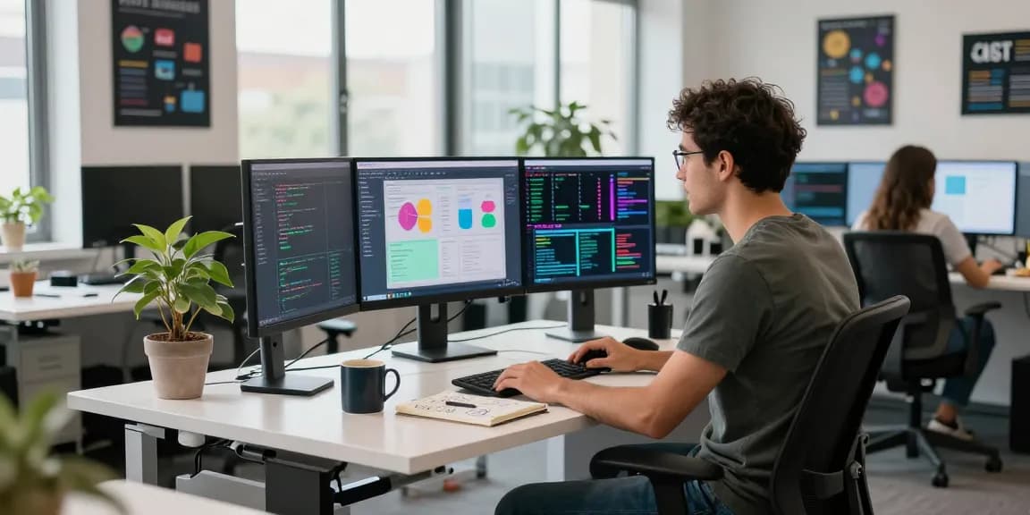 Developer using crushon ia software at modern office desk with dual monitors.