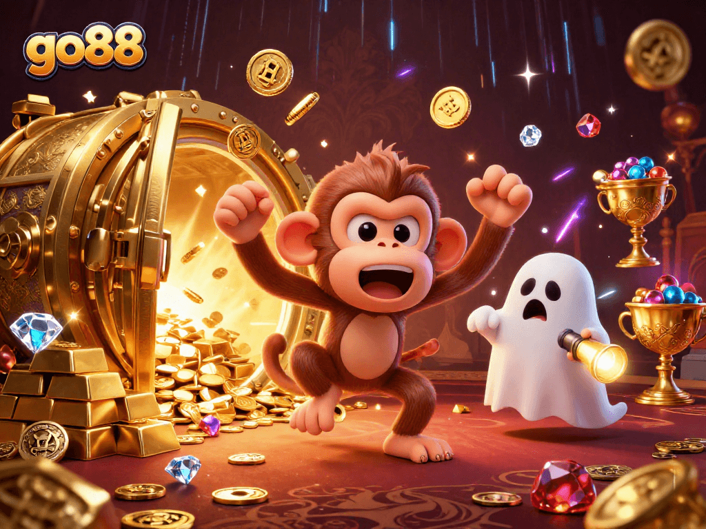 Immerse in go88’s haunted casino adventure with a poltergeist monkey and eager ghost-hunter puppy.