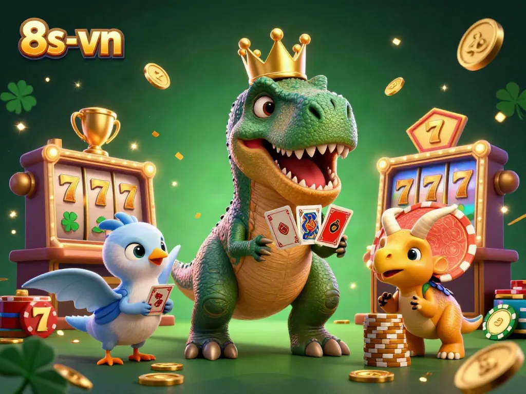 Engaging 3D gambling scene featuring T-Rex, casino elements, and gold coins for 8s-vn.