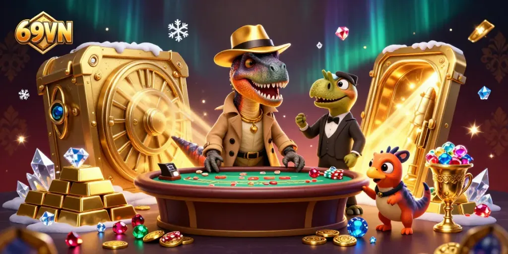 Experience thrilling gaming at 69VN as a velociraptor card counter sneaks chips in a dynamic casino scene.