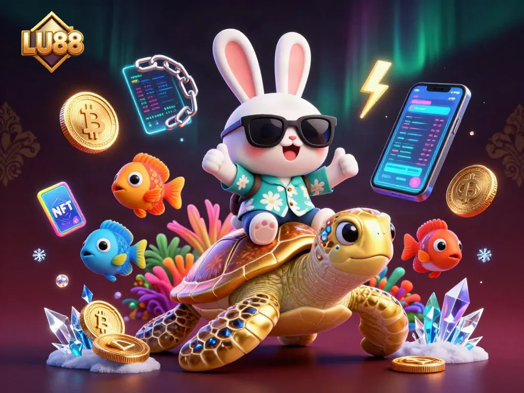 Experience exciting gameplay at LU88 with a lucky rabbit and golden turtle in a vibrant casino scene.