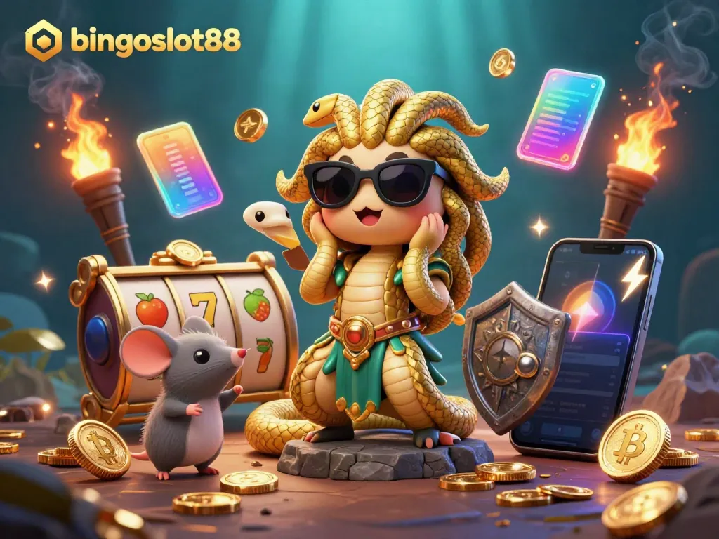 Bermain bingo dan slot dengan bingoslot88 di ilustrasi 3D yang menampilkan karakter Medusa dan pejuang mouse.