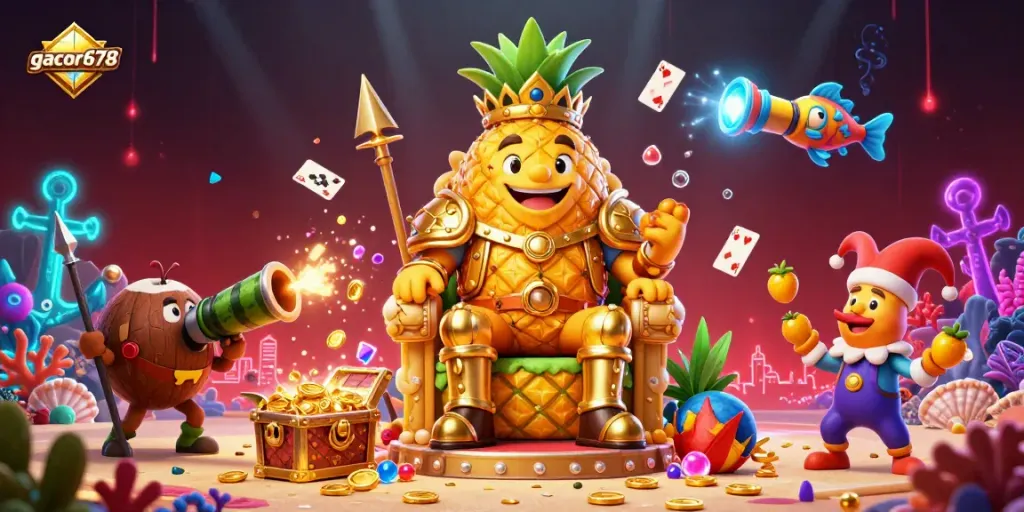 Experience the vibrant world of gacor678 with the golden pineapple king and thrilling casino elements.