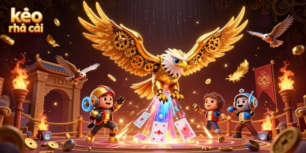 Engage with kèo nhà cái through a captivating 3D scene featuring a cybernetic eagle amidst dynamic gaming elements.