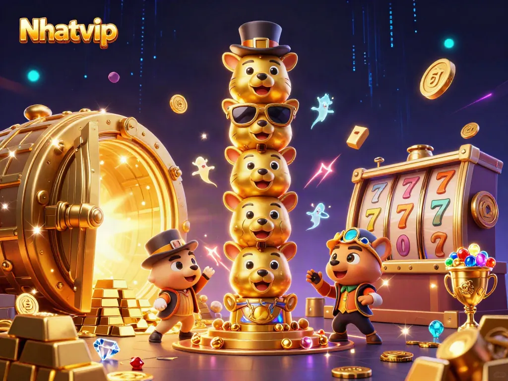 Nhatvip casino illustration featuring a golden totem and dynamic slot game elements.