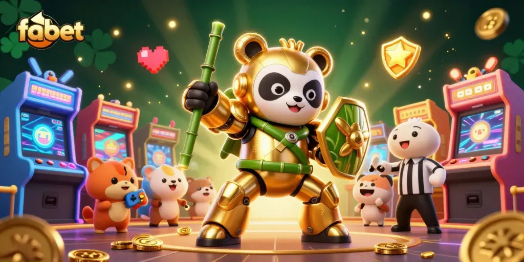 Experience fabet's dynamic gaming action with a golden panda in a vibrant casino arena.