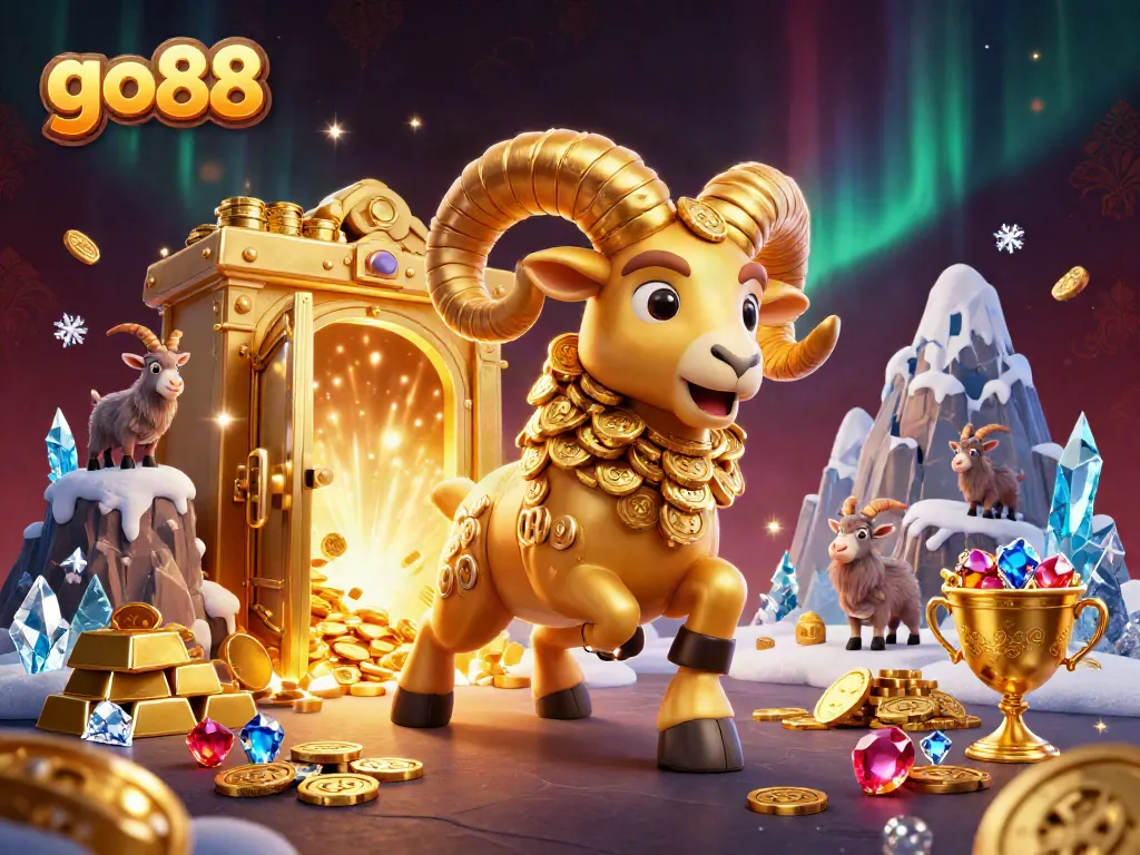 Experience the excitement of go88 with a dynamic scene featuring a golden ram charging into a treasure vault.