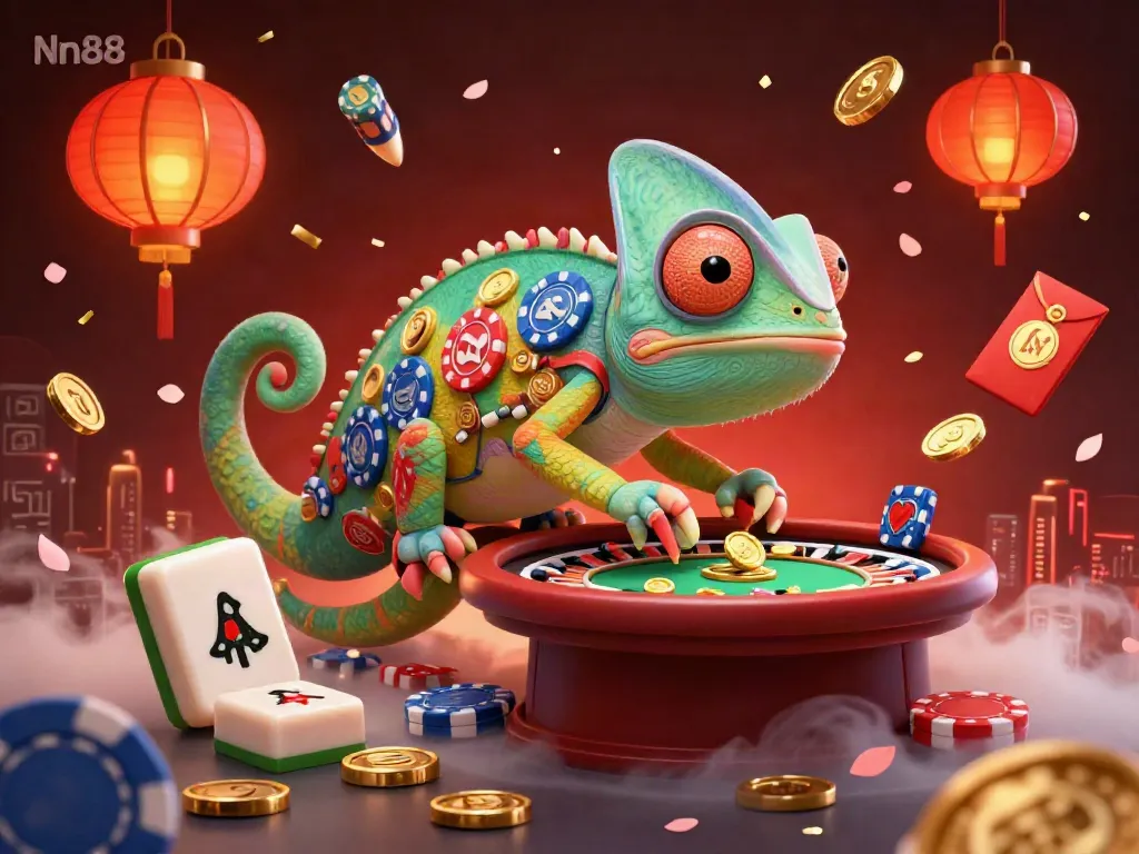 Nn88 Casino atmosphere featuring a colorful chameleon owner amidst vibrant gaming elements.