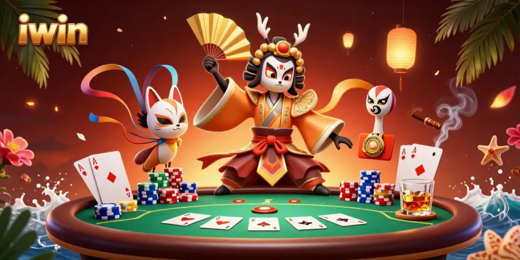 Engage in thrilling poker action with iwin-inspired characters and vibrant casino elements.