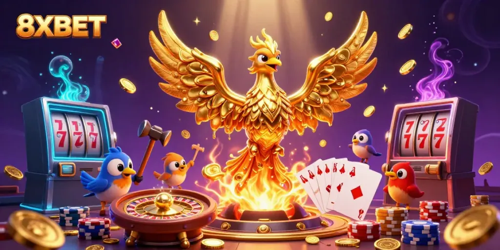 Experience thrilling gaming action at 8XBET with captivating golden phoenix and casino elements.