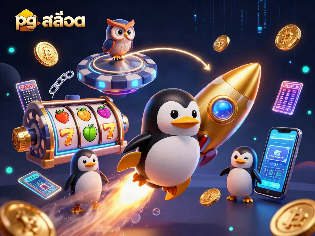 Engage with pg สล็อต in an exciting cosmic casino adventure featuring a gold penguin and slot elements.