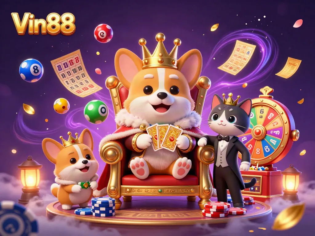 Experience exciting wins with Vin88's vibrant lottery scene featuring colorful elements and playful characters.