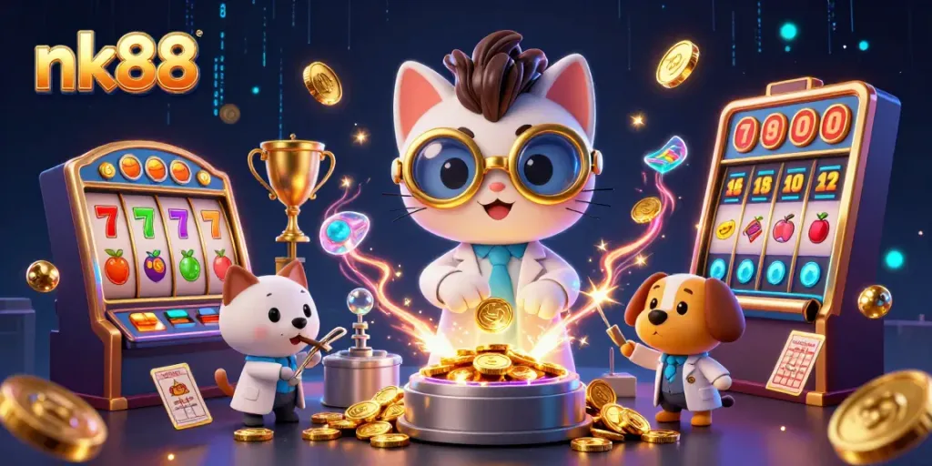 Experience winning excitement at nk88 with a vibrant casino scene full of slots and animated characters.