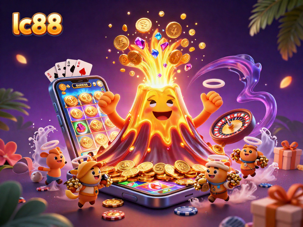 Experience the excitement of lc88 with a triumphant volcano and treasure-seeking animals in a vibrant casino scene.