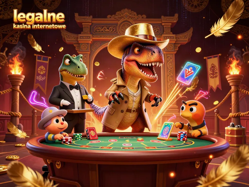 Experience thrilling gameplay at legalne kasyna internetowe with a dynamic scene featuring cartoon dinosaurs interacting at a casino table.