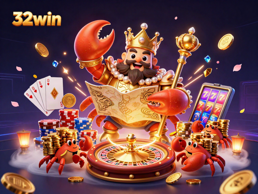 32win's engaging illustration showcases thrilling casino elements, featuring a golden crab emperor amidst vibrant gaming symbols.