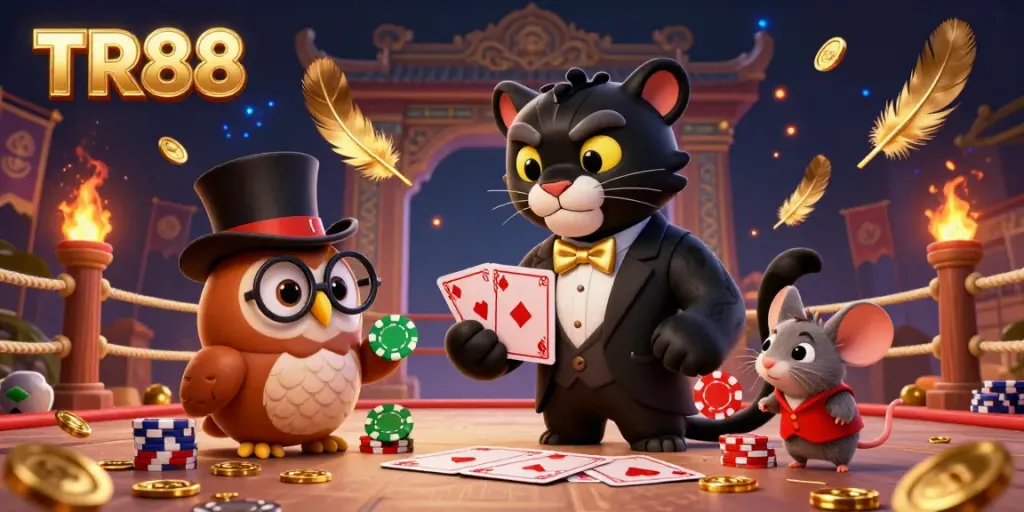 Join the action with TR88 as the panther deals cards amidst a rich casino atmosphere.
