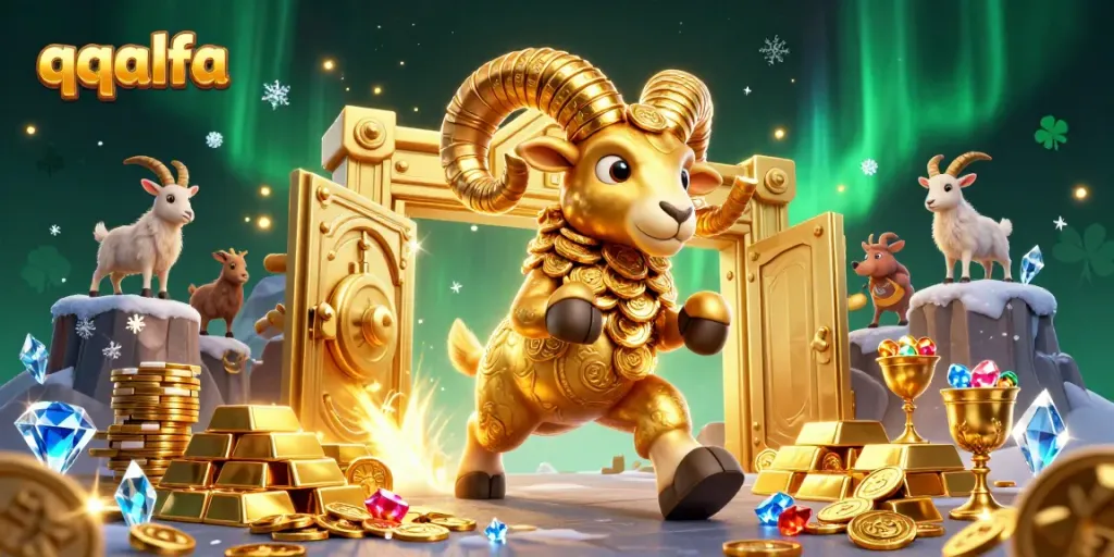 Ilustrasi kartun 3D ram emas monumental dengan koin, menciptakan suasana qqalfa yang memikat dalam tema kasino.