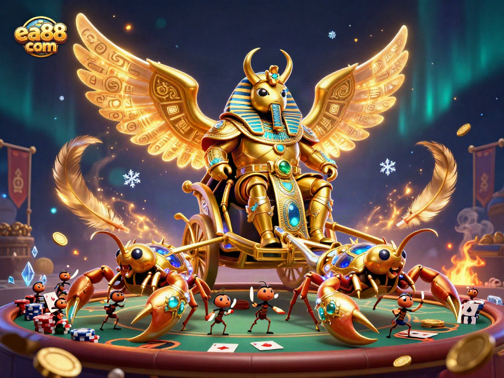 Engage in high-stakes poker with ea88 com, featuring an illustrated scene of iconic game elements and characters.