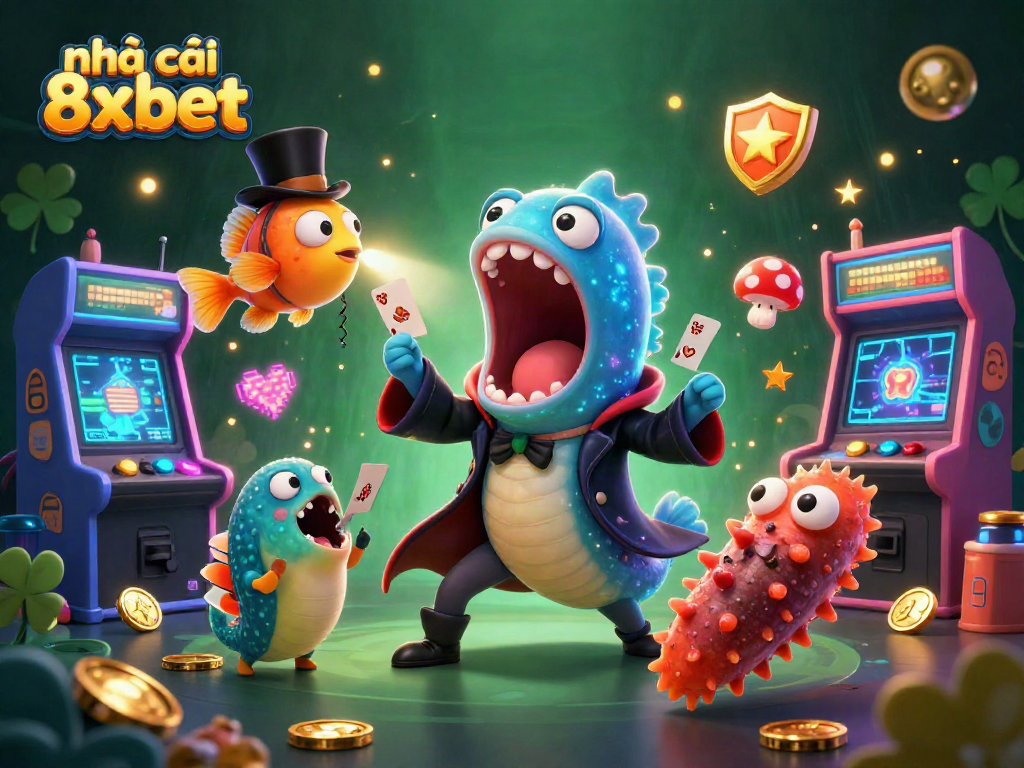 Engage with the nhà cái 8xbet via a vibrant 3D illustration showcasing excitement and casino magic.