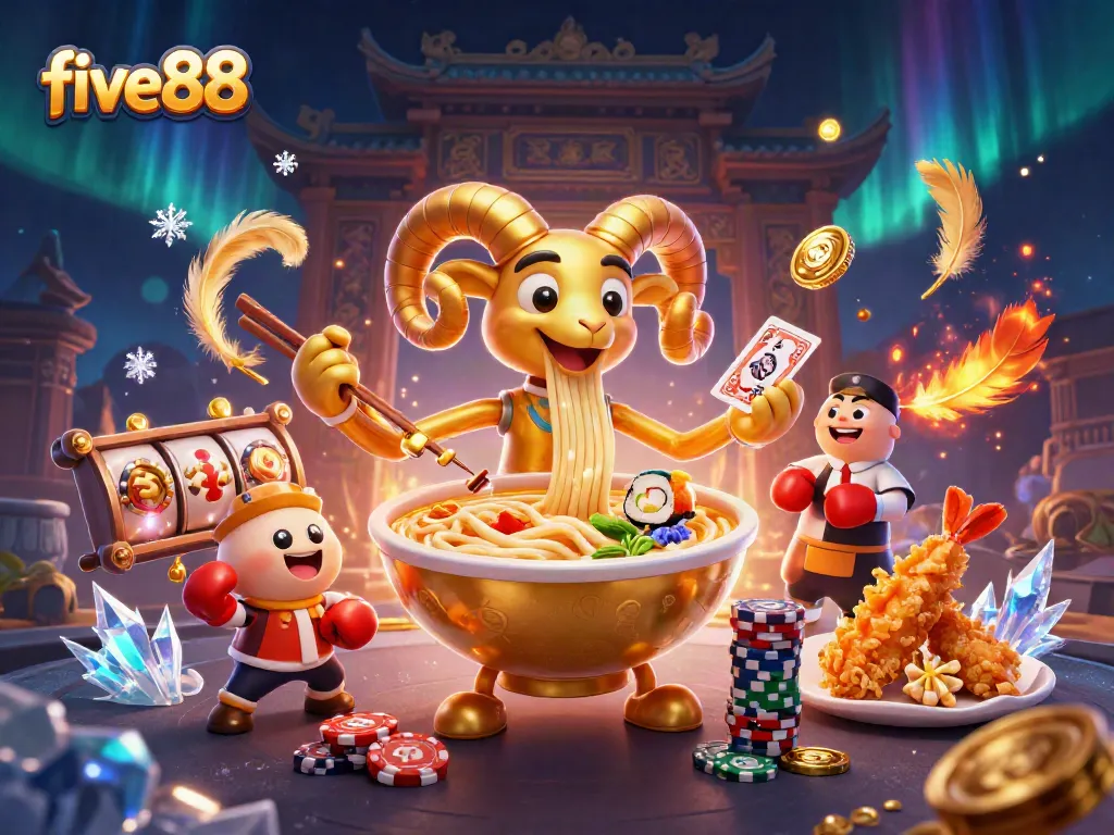 Engage with five88 at a lively casino scene featuring animated characters and vibrant gaming elements.
