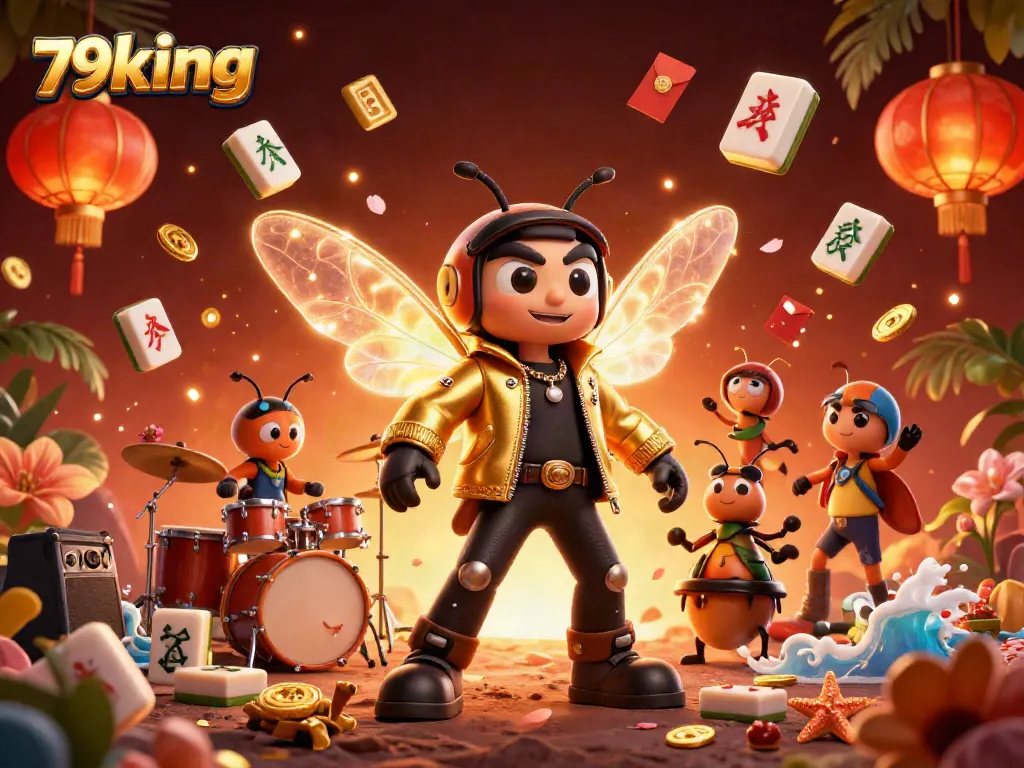 Experience high-energy gaming with the vibrant 79king illustration of a cartoon rock star and dynamic casino elements.