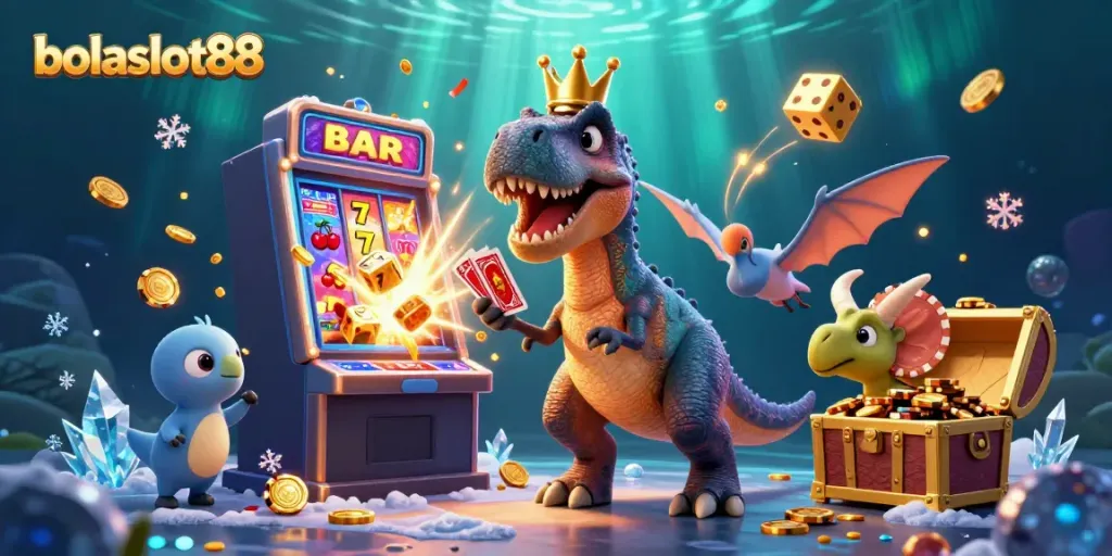 Bolaslot88 fun illustration featuring a T-Rex shuffling cards, a pterodactyl assisting, and a triceratops stacking chips.