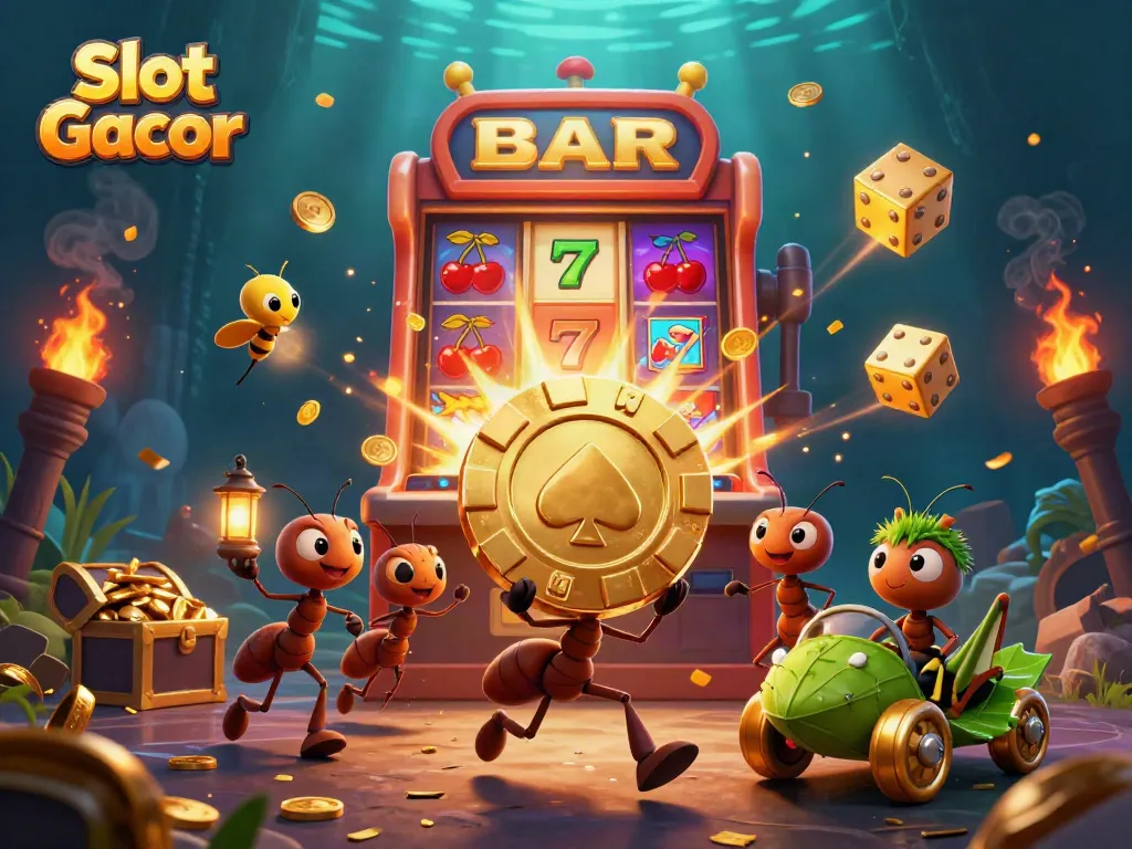 Experience the excitement of Slot Gacor as a cartoon team of ants heist a giant poker chip amidst exploding jackpots and casino symbols.