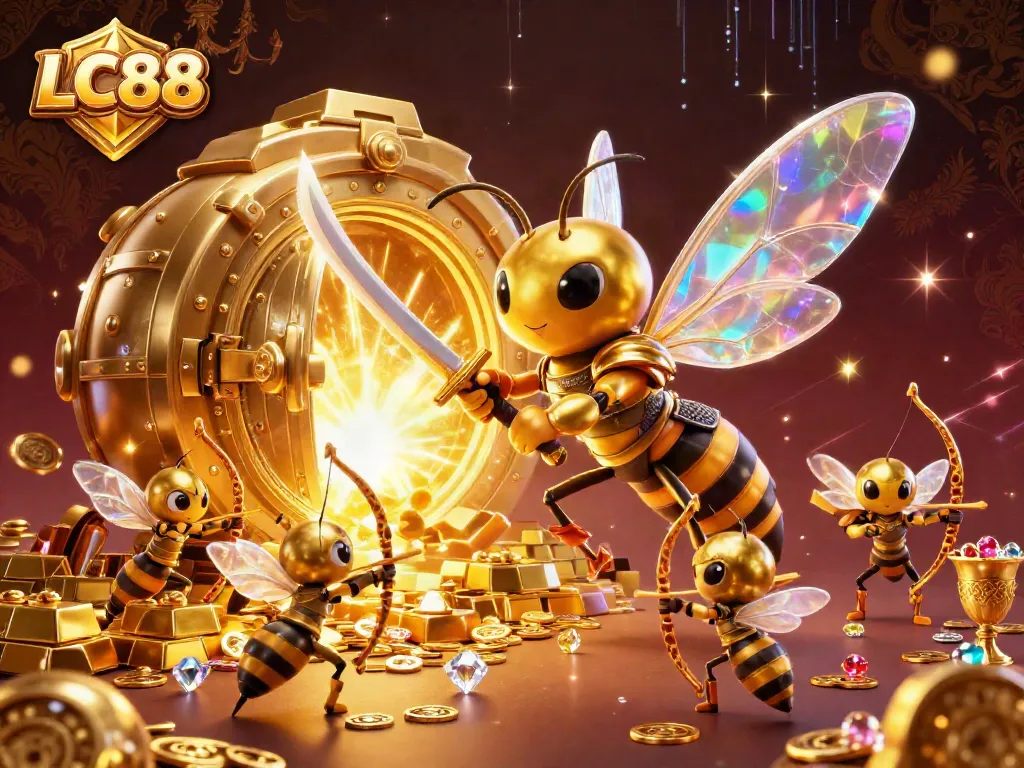 Experience exciting gameplay at LC88 with vibrant casino elements featuring gold bars, diamonds, and a samurai bee.