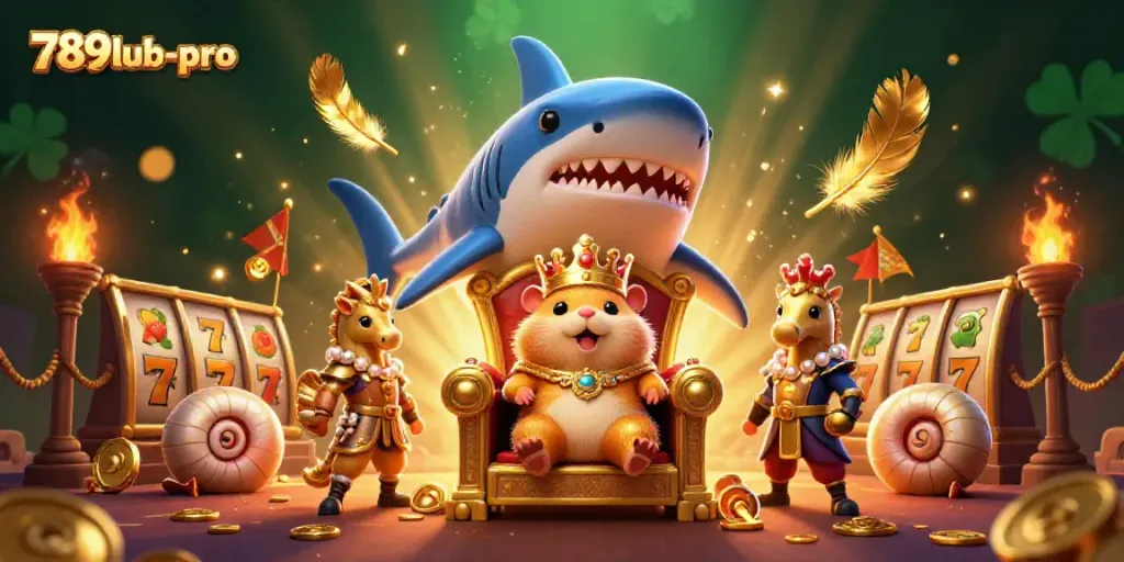 Engage with 789lub-pro's vibrant casino scene featuring a golden hamster king ruling from his megalodon throne amidst fiery dynamics.