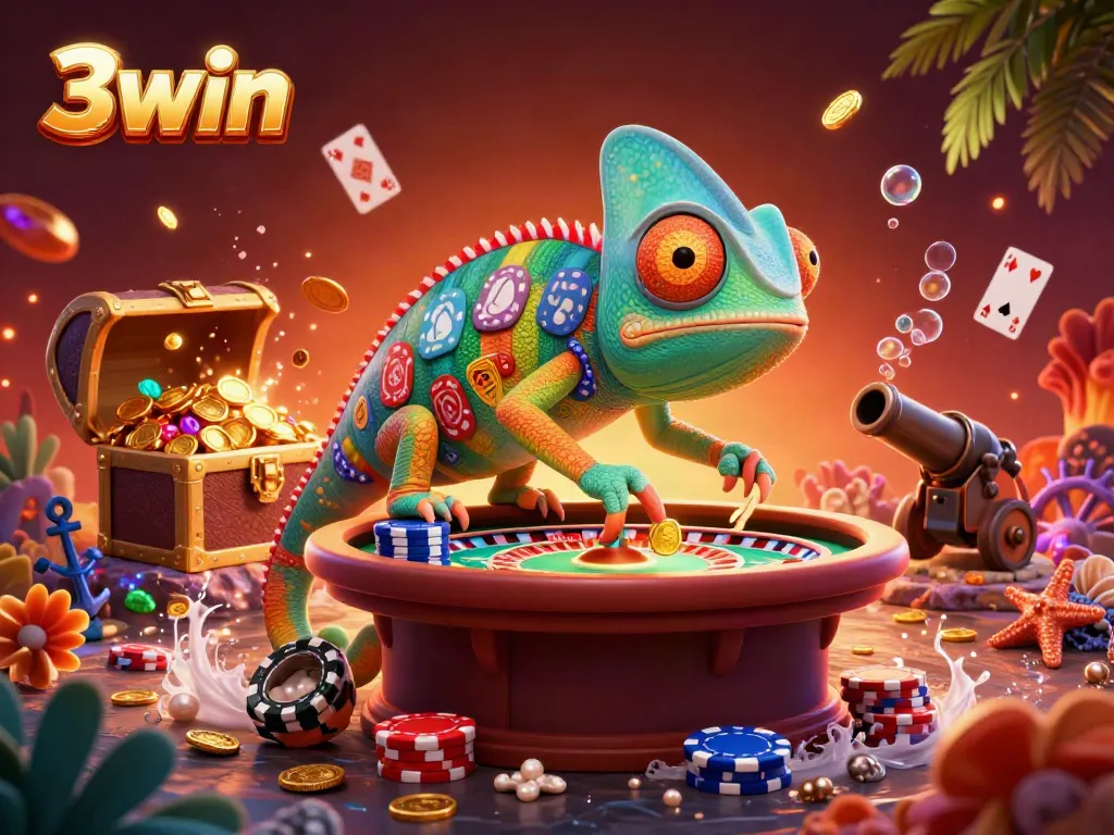 Experience the vibrant world of 3win, with a dynamic chameleon casino owner amidst floating cards and gold coins.