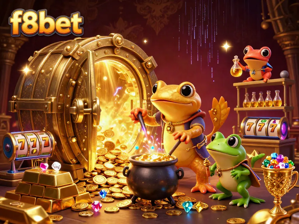 Experience the thrill of f8bet with a vibrant 3D cartoon scene showing an alchemist turning base metals into gold coins surrounded by casino elements.