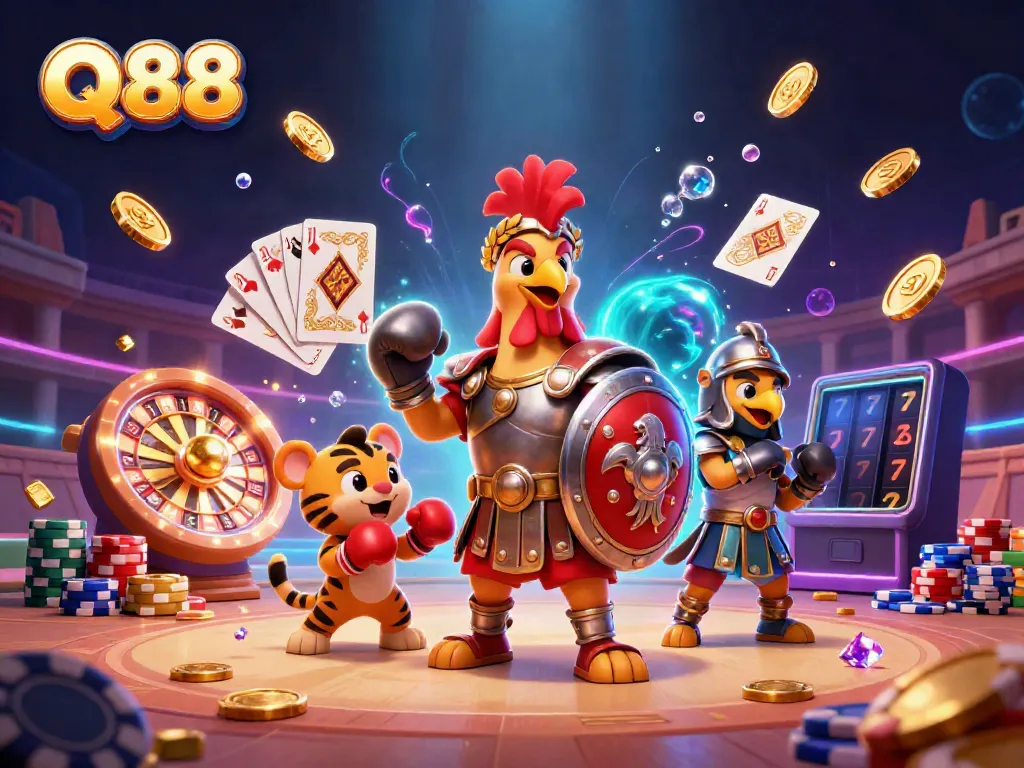 Experience thrilling gambling action at Q88 with a vibrant casino scene featuring a gladiator rooster and sparkling gems.