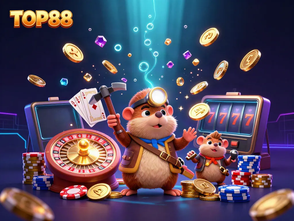 Experience the excitement of TOP88 with a vibrant 3D treasure hunter scene, capturing casino thrills.