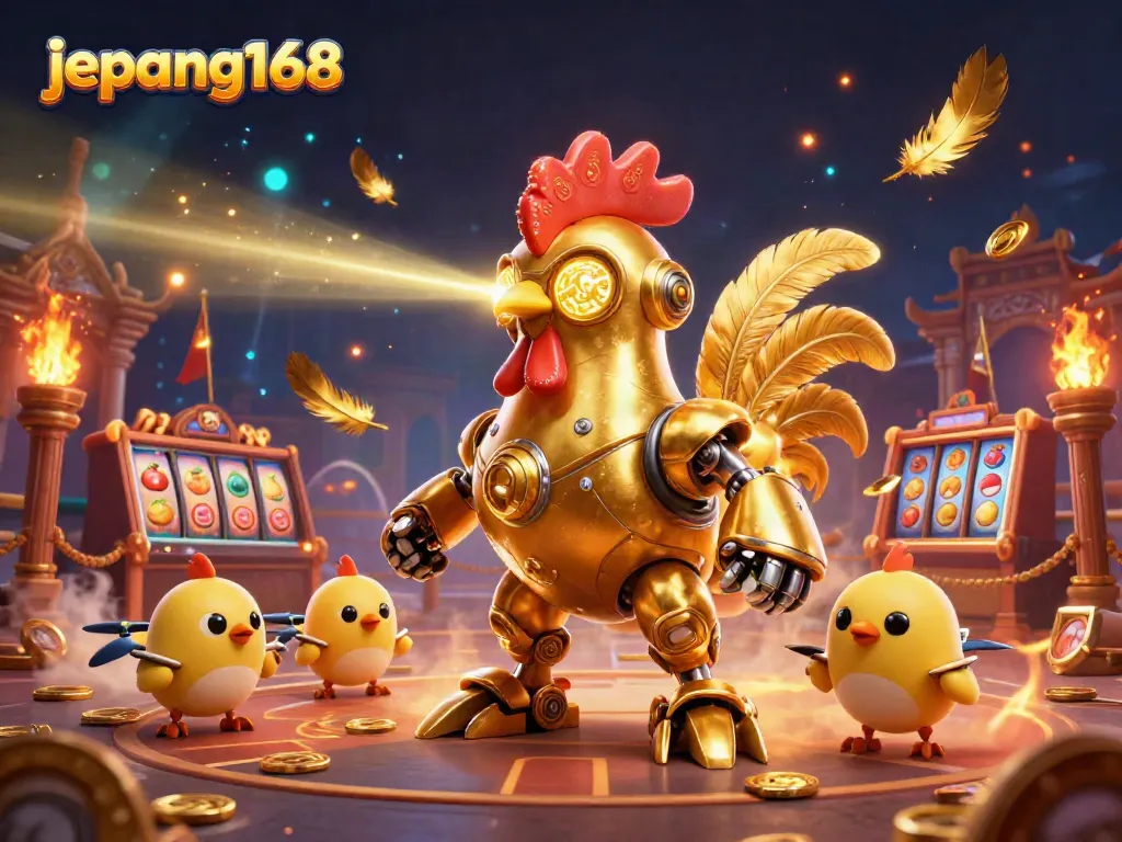 Experience the excitement of jepang168 with a vibrant illustration showcasing a golden rooster robot and arcade elements.