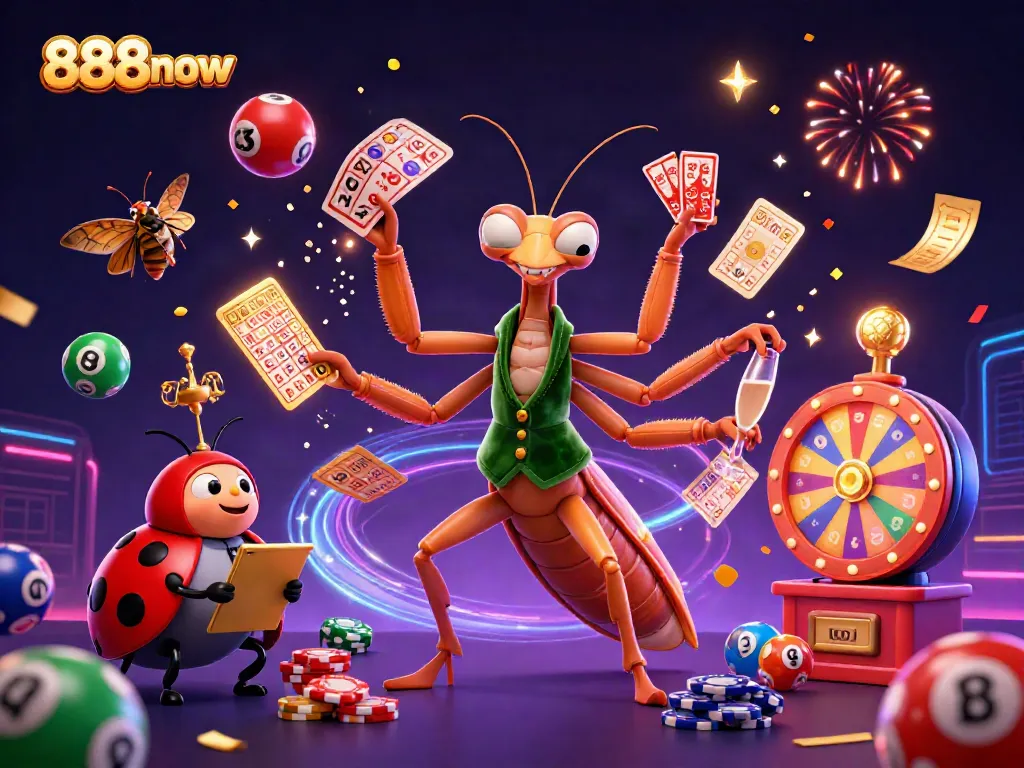 Experience the excitement of 888now with vibrant dynamic casino elements and colorful characters.