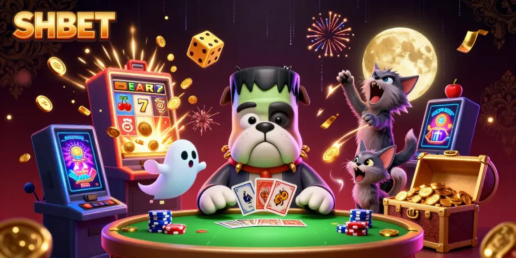 Engage with SHBET's dynamic casino scene featuring a Frankenstein bulldog dealer surrounded by games and excitement.