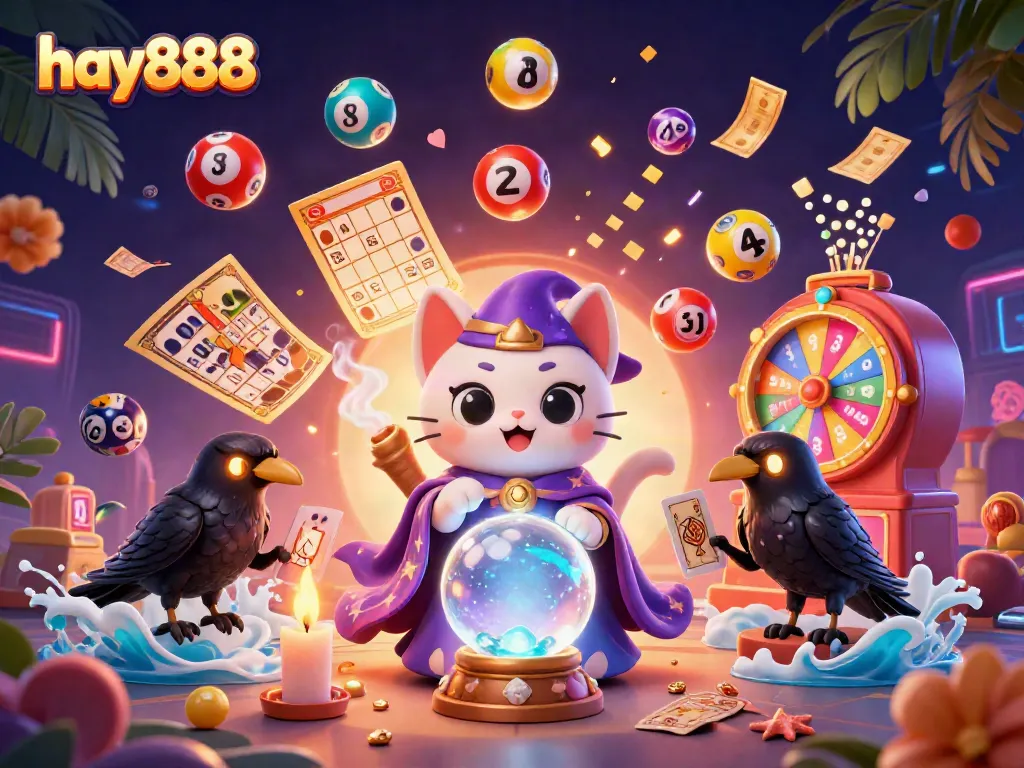 Engage with hay888 and explore vibrant lottery elements and mystic characters in this 3D illustration.