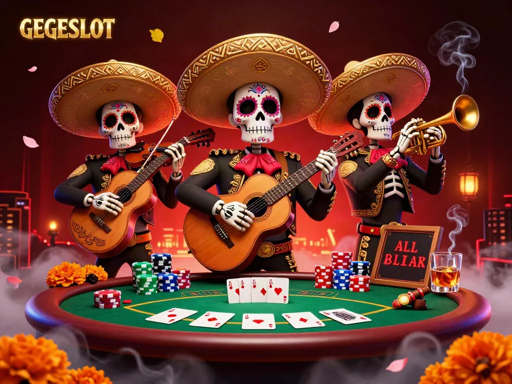 Experience the vibrant GEGESLOT gaming scene with a mariachi band and poker elements.