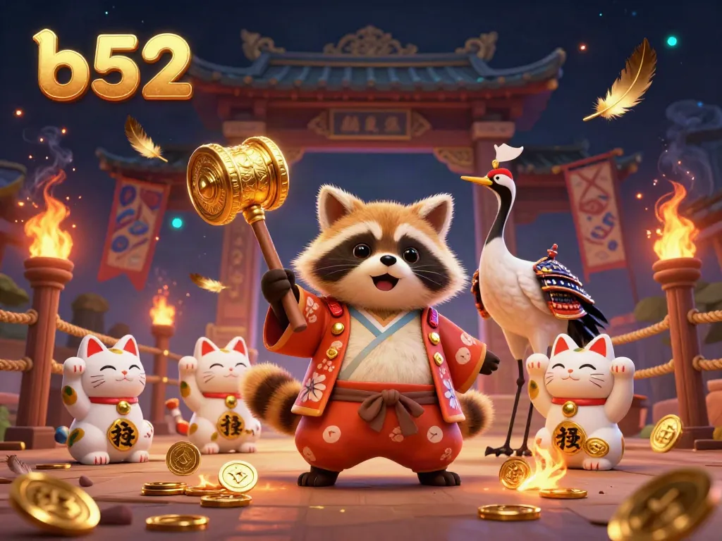 The b52 vibrant scene showcases a cheerful tanuki and samurai crane in a dynamic Japanese festival setting, engaging with fortune cats and golden decor.