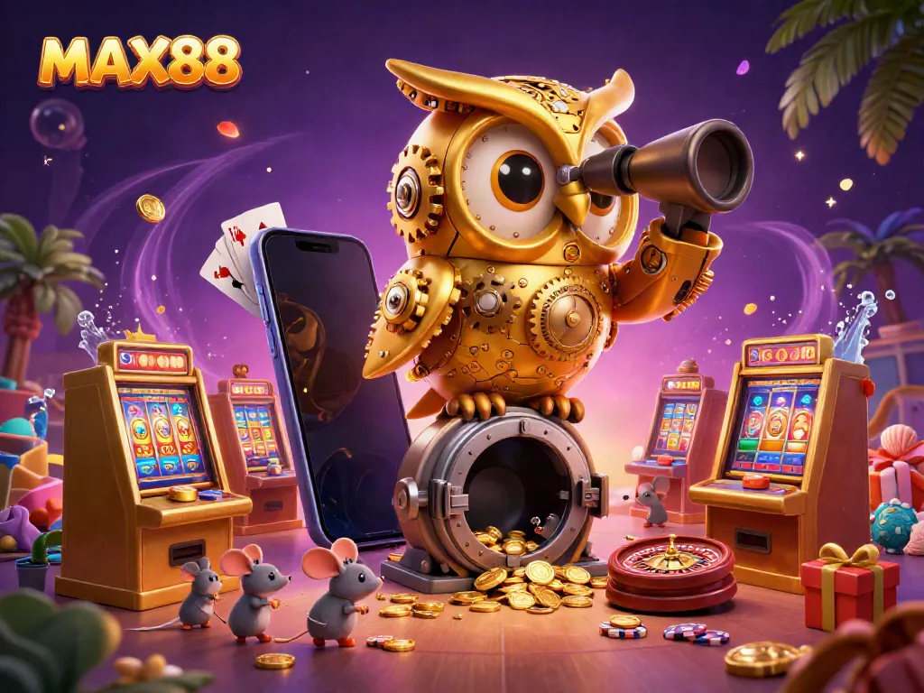 Experience the thrilling world of MAX88 with massive golden owl observing the vibrant casino floor filled with games and patrons.