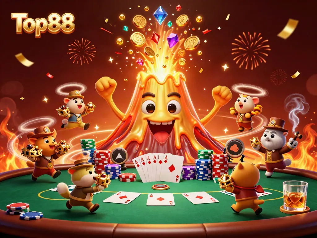 Engage with Top88: a golden volcano erupting coins and treasure amid a vibrant casino scene.