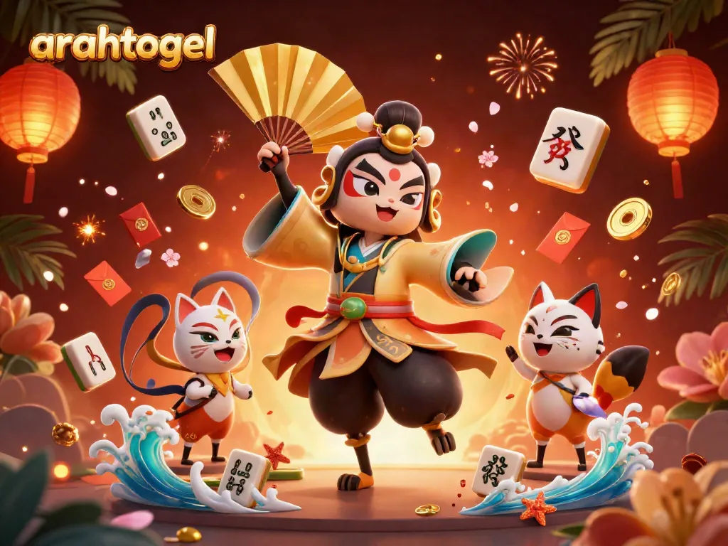 Experience the excitement of arahtogel with vibrant 3D characters and dazzling game elements in this action scene.