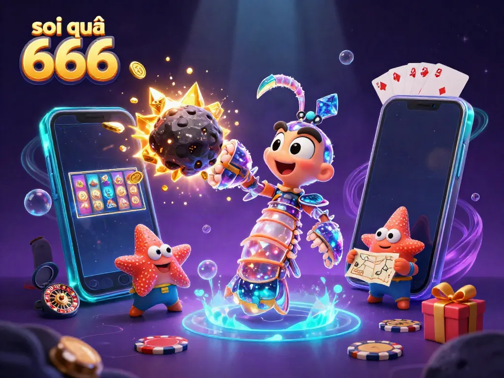 Soi cầu 666 features a galactic mantis shrimp generating gems in a vibrant casino-themed atmosphere.