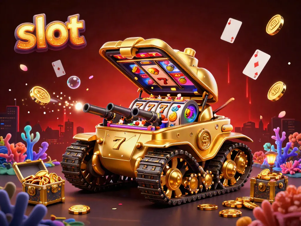 Permainan slot yang menggembirakan dalam ilustrasi 3D, menampilkan mesin slot dengan nuansa kasino yang semarak.