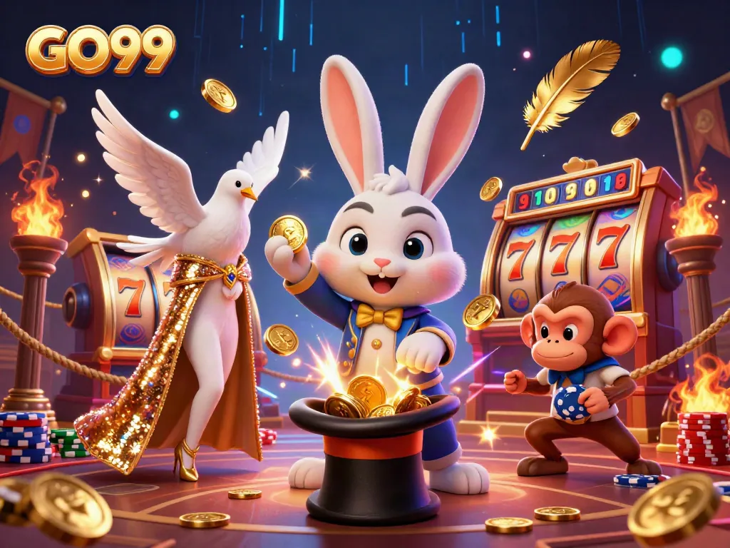 Experience the magic of GO99 with a cartoon rabbit pulling coins from a hat amidst vibrant casino elements.