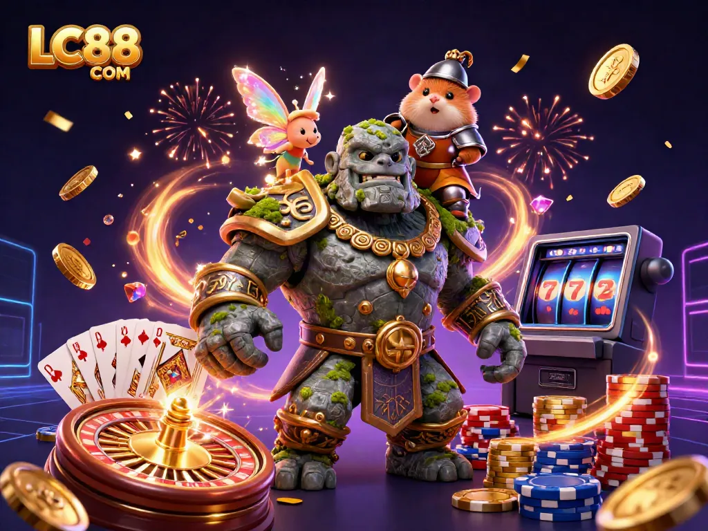 Experience thrilling wins at LC88 COM with a vibrant golem and fairy gaming illustration.